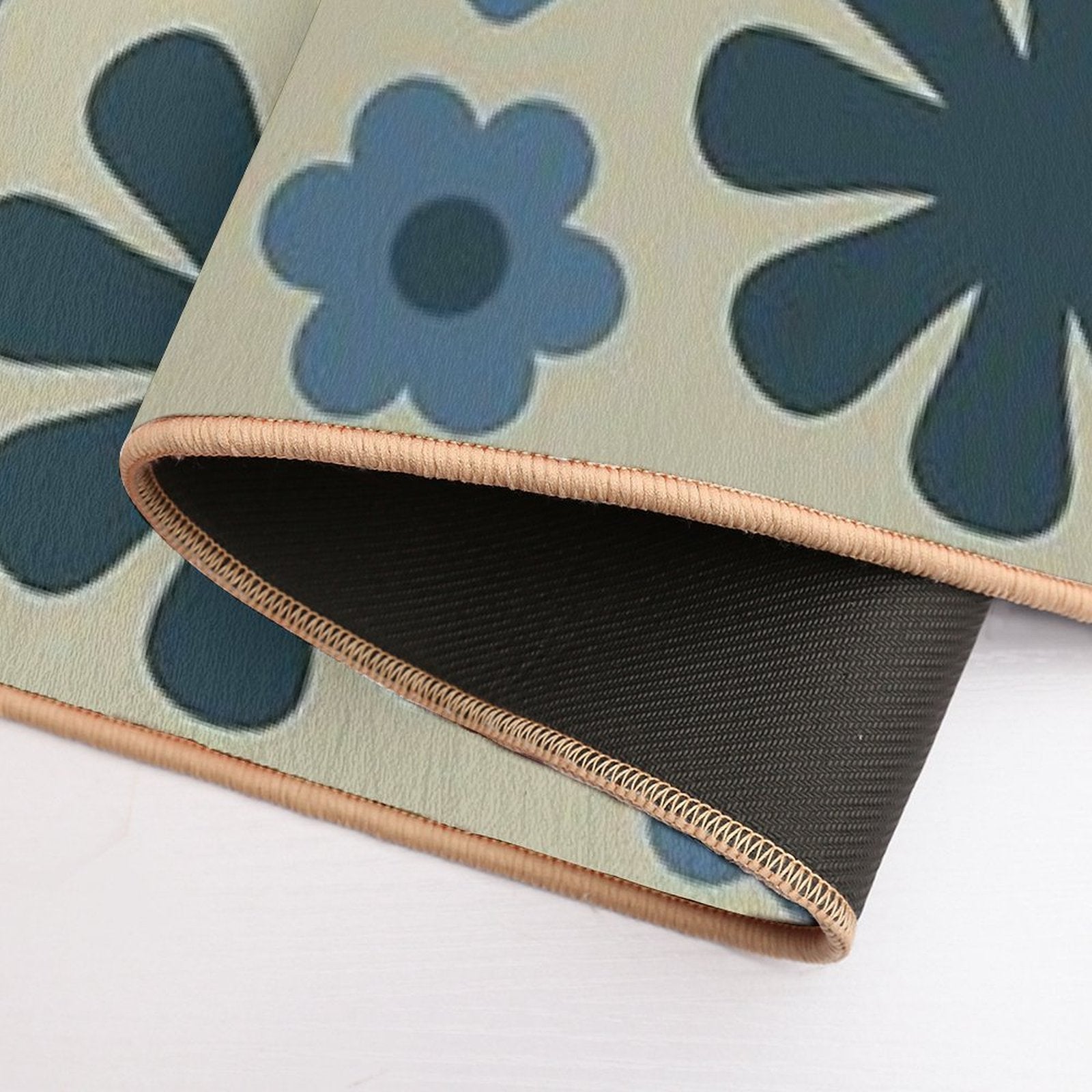 Scandi Floral Grid Retro Pattern in Vintage Blue And Beige  Long-Lasting Bath Mat