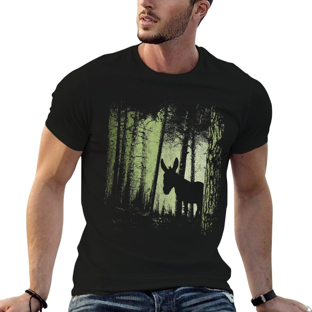 Twilight Forest Wildlife Donkey Mule Silhouette  Rolled Sleeves T-Shirt