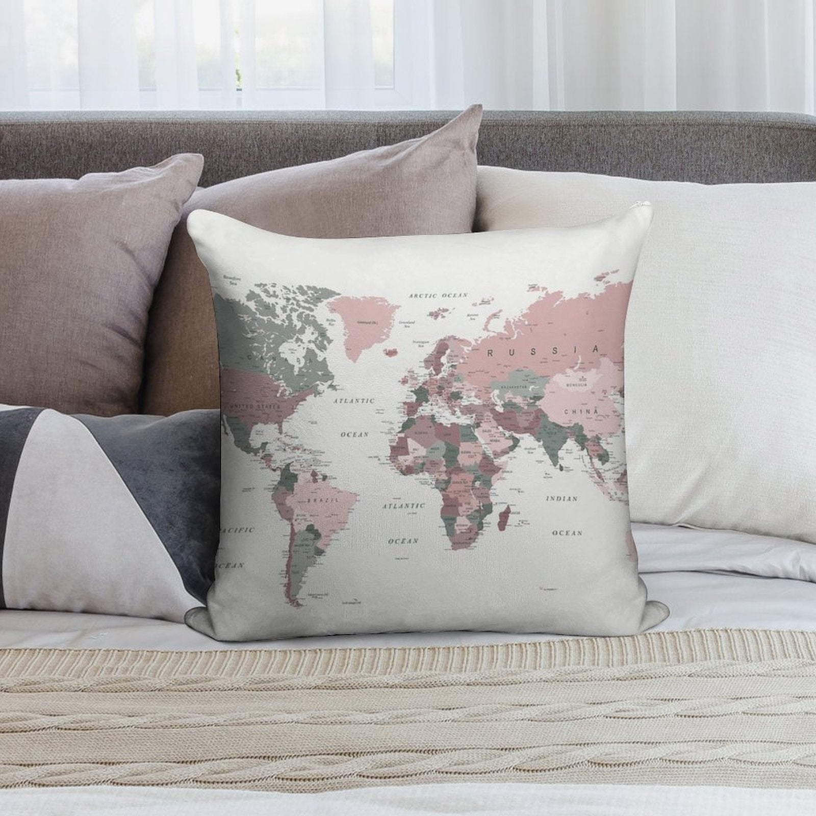 Map of The World in Pink And Green Soft Decorative Cover Throw Pillow