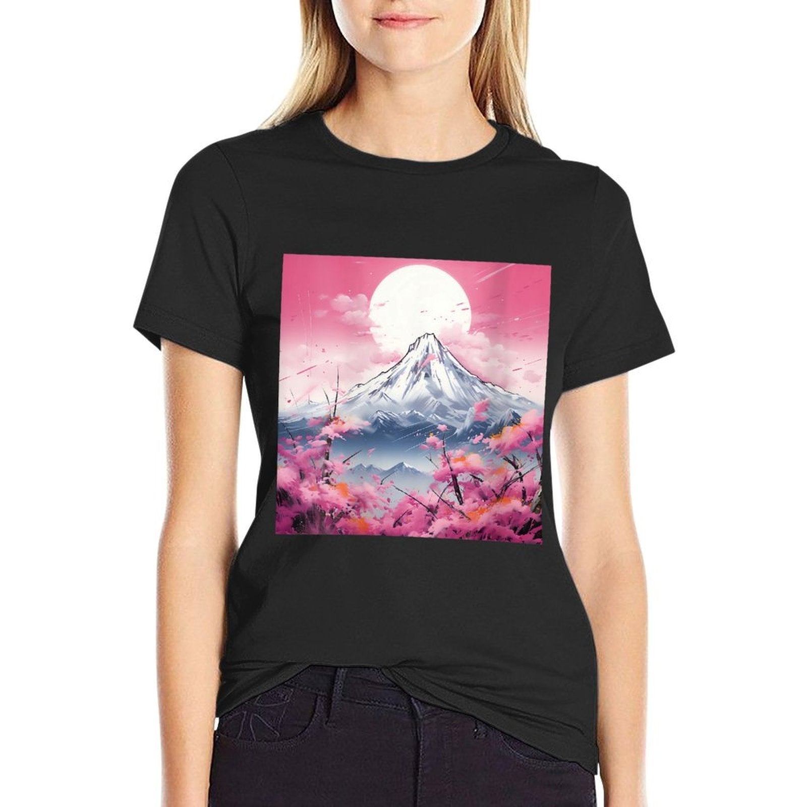Sakura Reverie Japanese Petals Unfold in Twilight Peaks  Ribbed Collar T-Shirt
