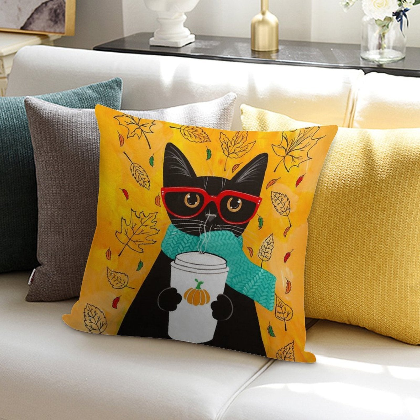 Autumn Pumpkin Coffee Cat Soft High-Density Material Throw Pillow
