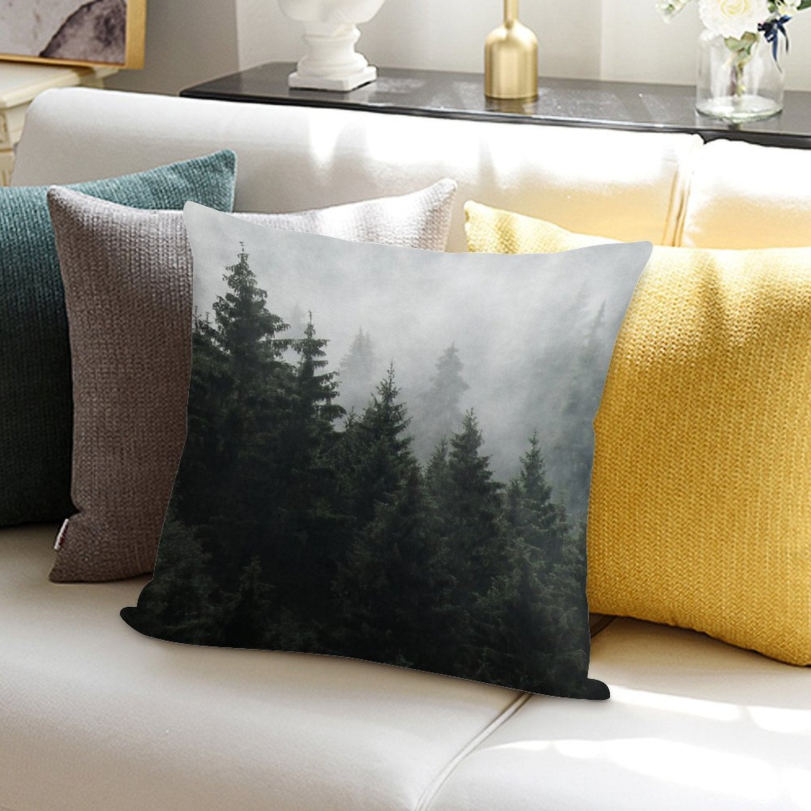 Waiting For  Misty Foggy Fairytale Forest With Cascadia Trees Covered In Magic Fog Soft Shrink-Resistant Throw Pillow