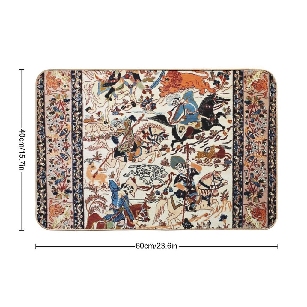 Blue Antique Persian Isfahan Silk Rug with Flowers Animals Print  Odorless Bath Mat