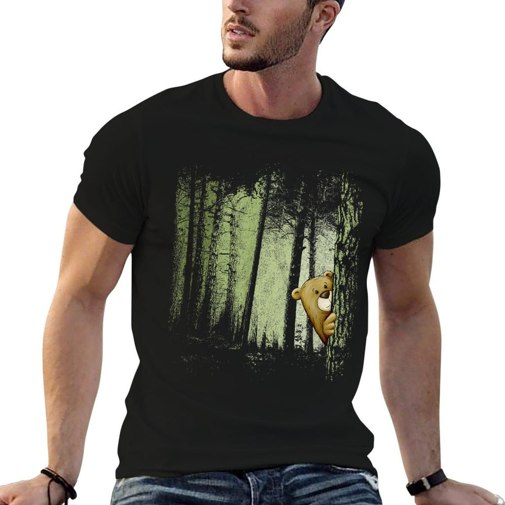 Funny Cute Cartoon Bear Hiding In Twilight Forest Outdoor  Eco-friendly Material T-Shirt