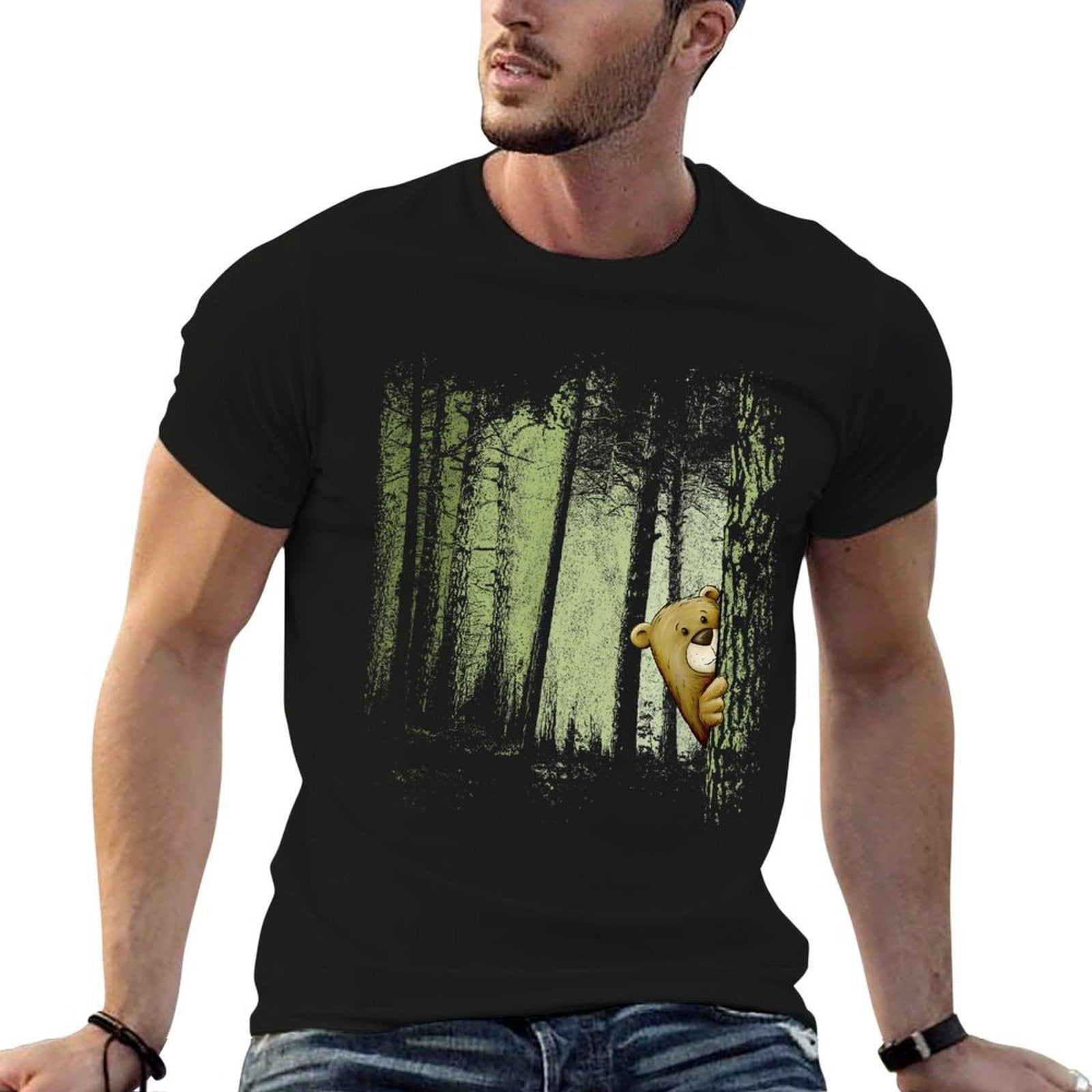 Funny Cute Cartoon Bear Hiding In Twilight Forest Outdoor  Eco-friendly Material T-Shirt
