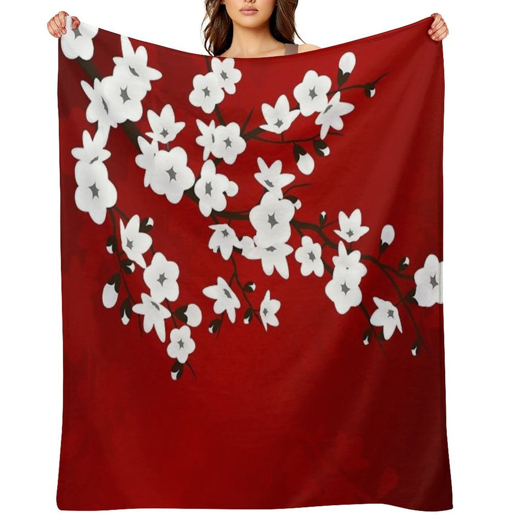 Cherry Blossom Red White Asia Floral Travel-friendly Throw Blanket