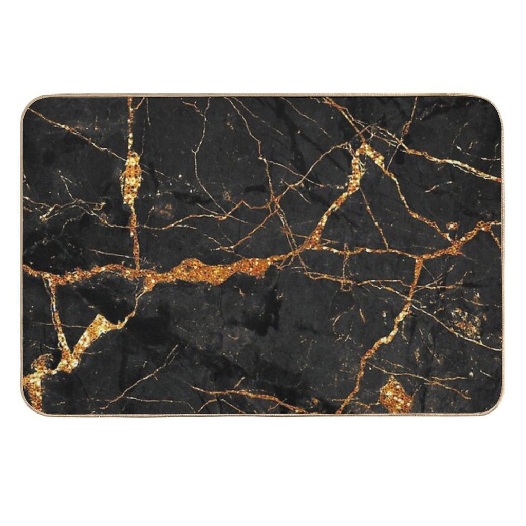 Faux Black Marble with Gold Glitter Veins  Non-Slip Bath Mat