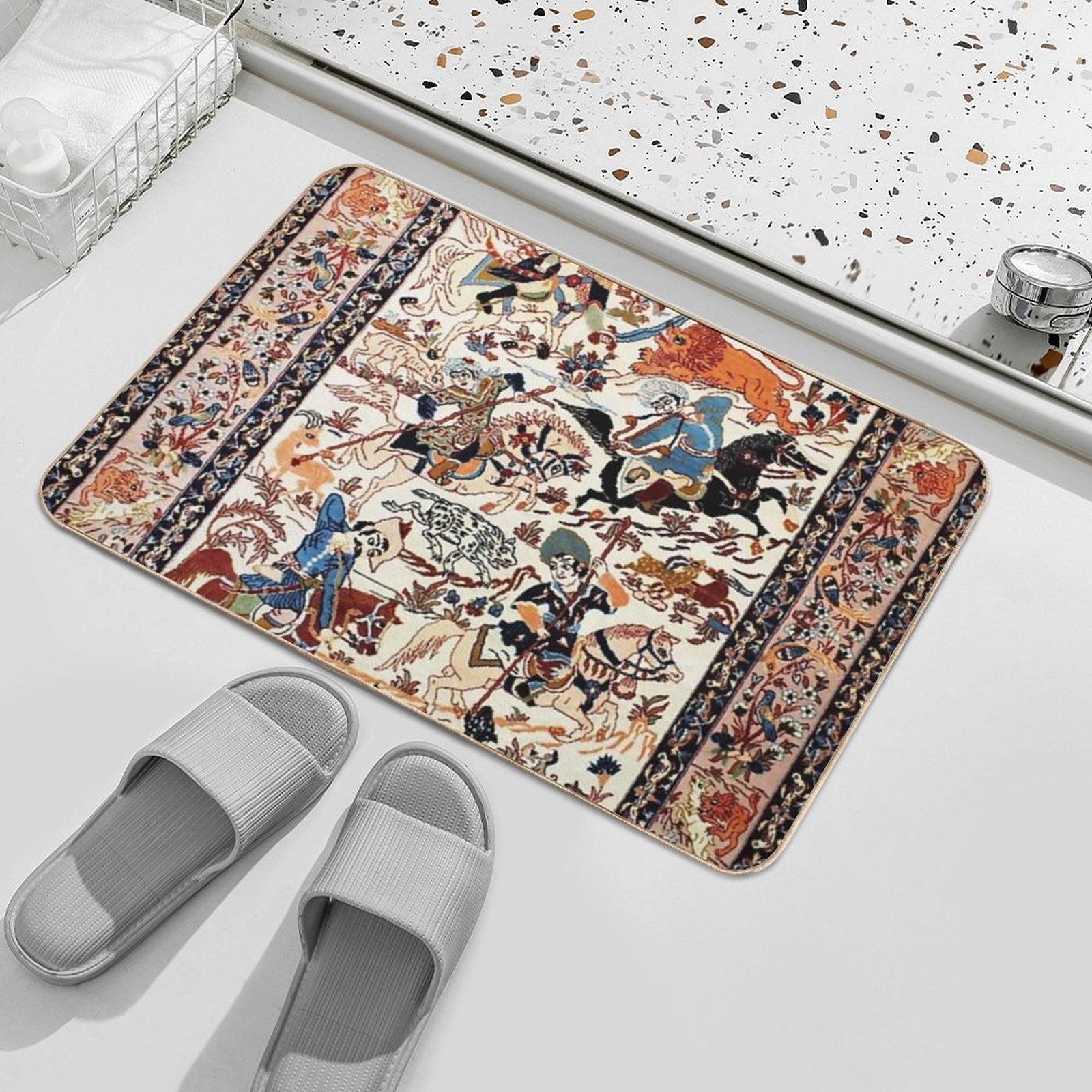 Blue Antique Persian Isfahan Silk Rug with Flowers Animals Print  Odorless Bath Mat