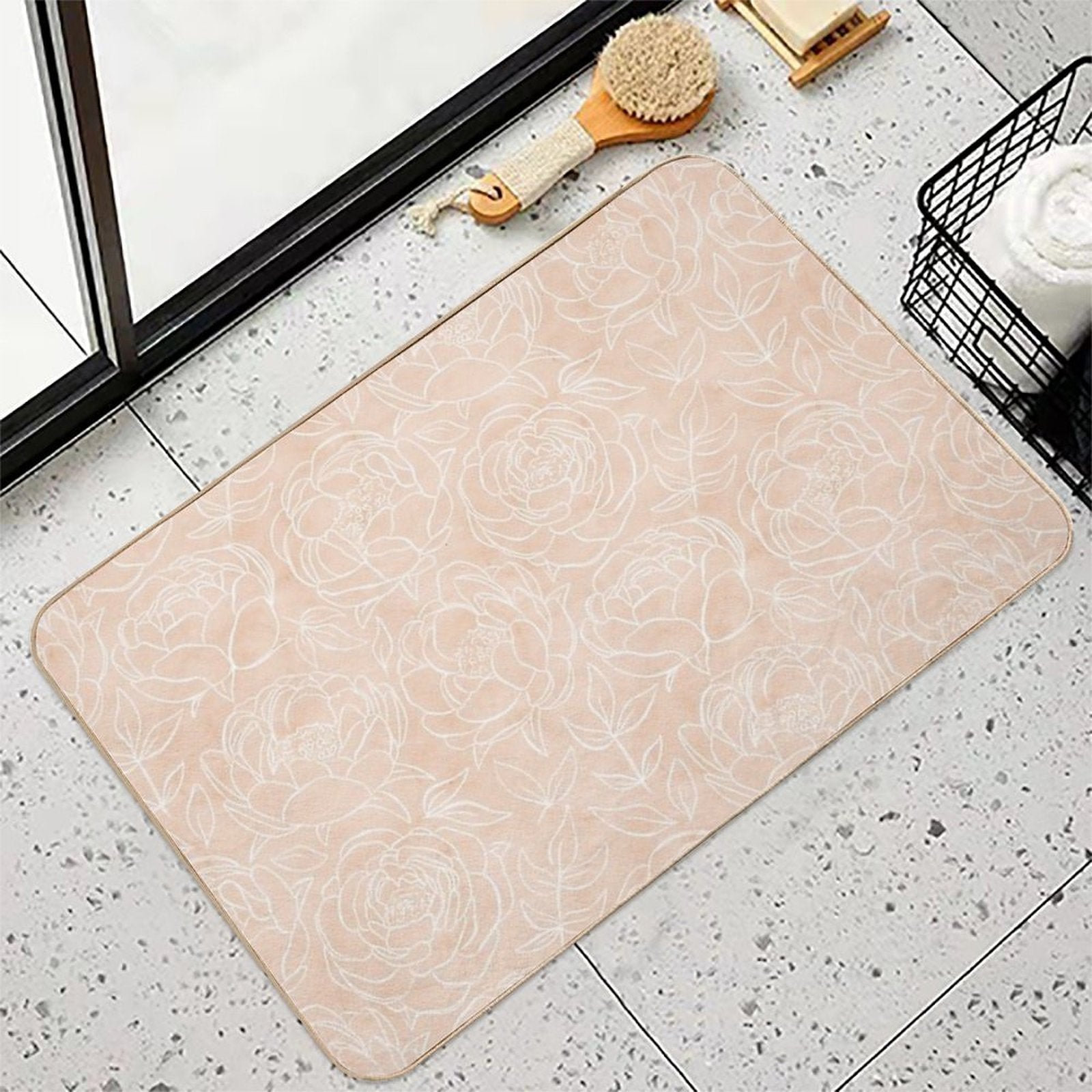 Delicate Peony Flowers on A Pastel Textured Creamy Tan Pattern  Toxin-Free Bath Mat
