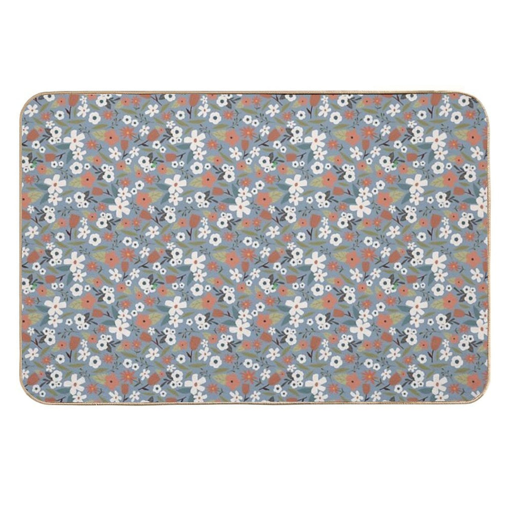 White Flowers on Blue Background Vintage Seamless Pattern  Non-Slip Bath Mat