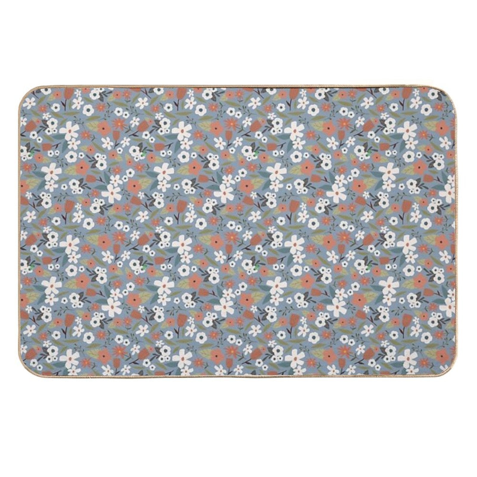White Flowers on Blue Background Vintage Seamless Pattern  Non-Slip Bath Mat