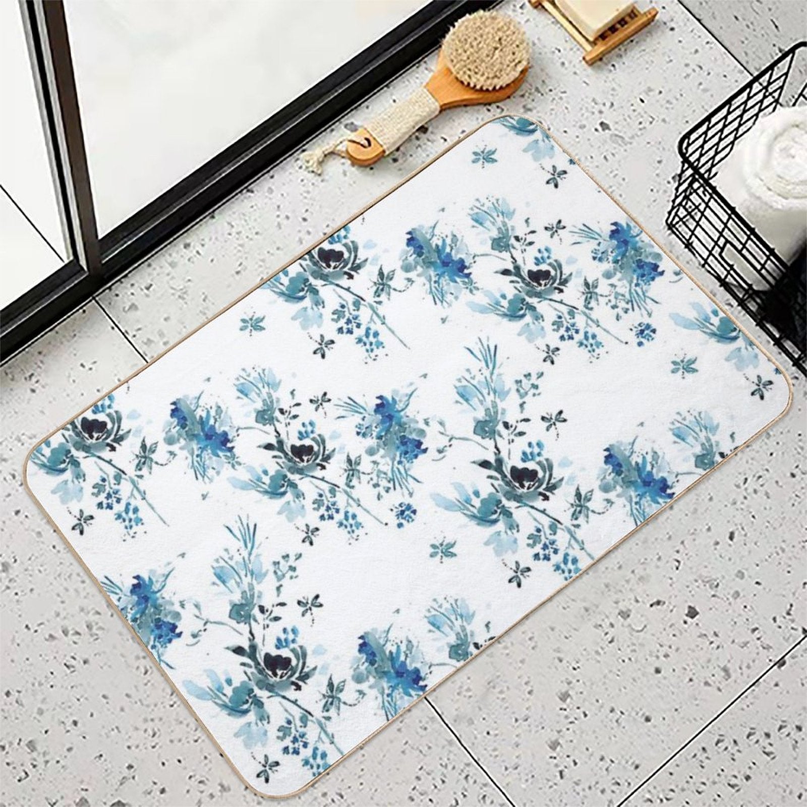 Blue Floral with Dragonflies  Dirt-Trapping Bath Mat