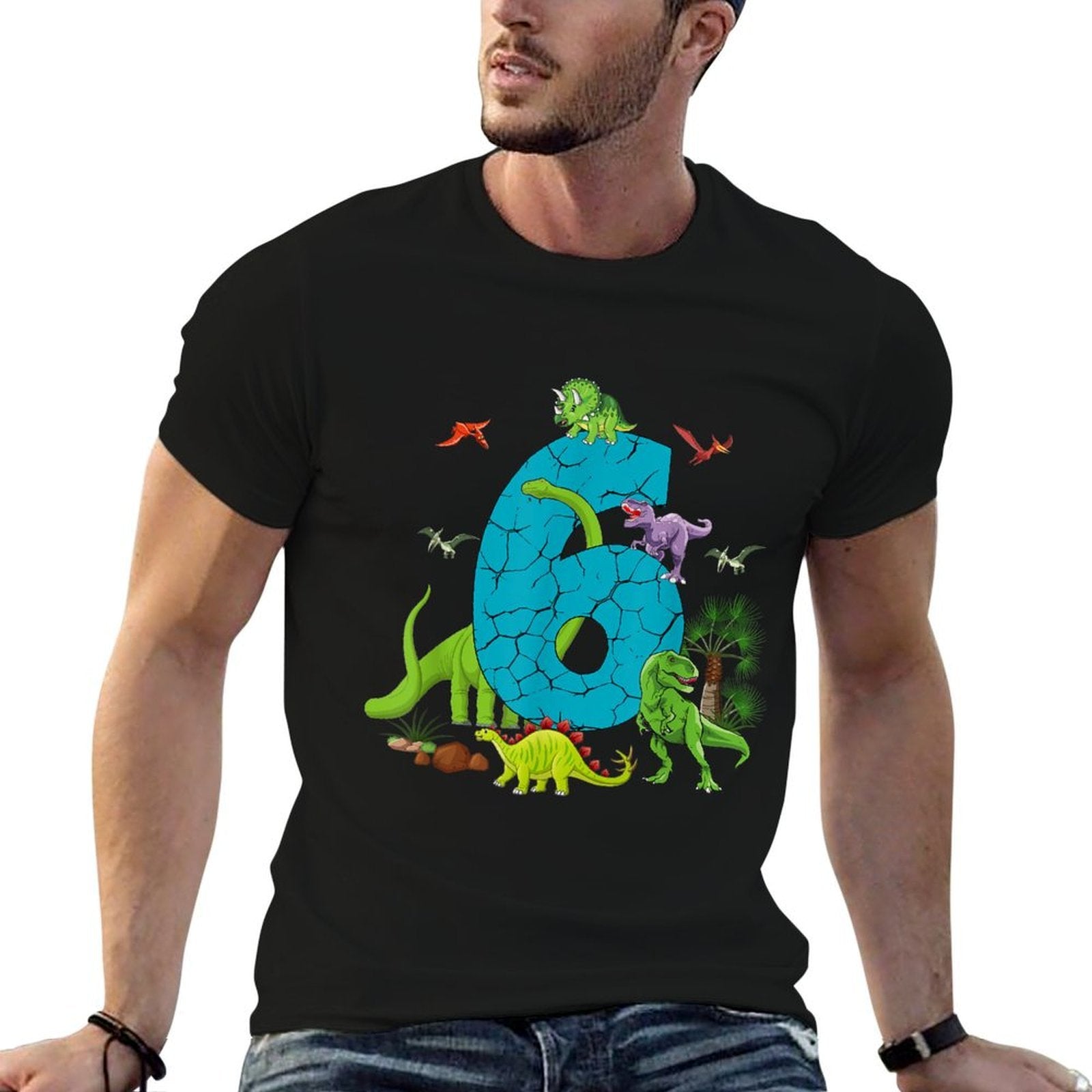 6 Year Old Dinosaur Birthday 6th T Rex Dino Six Saurus  Oversized Silhouette T-Shirt