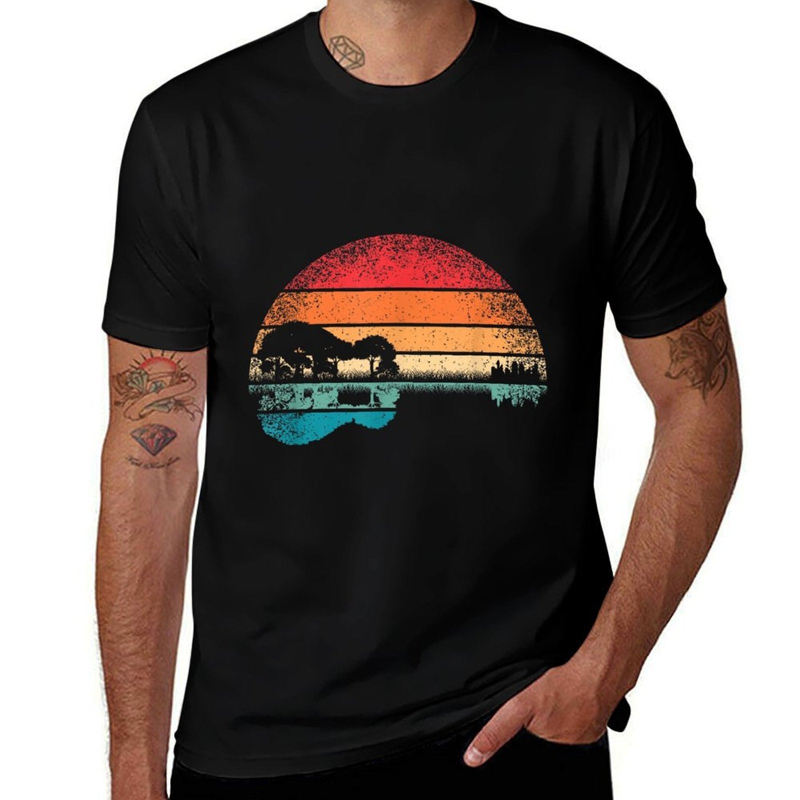 Retro Acoustic Guitar Lake Sunset Guitarist Music Lover Rock  Durable T-Shirt