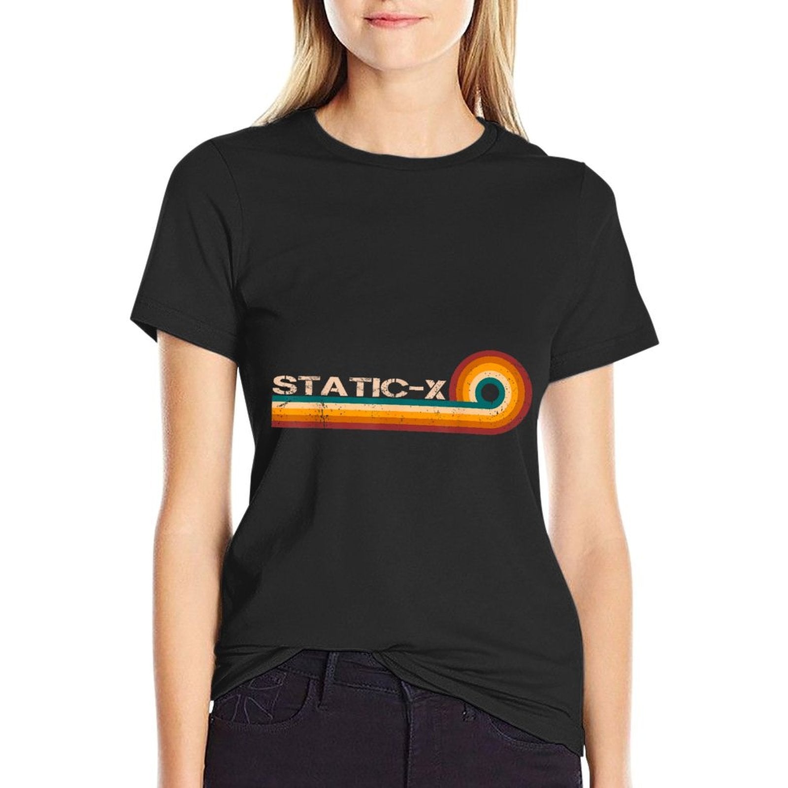 Static X Retro Stripes Musician Vintage  Ribbed Collar T-Shirt