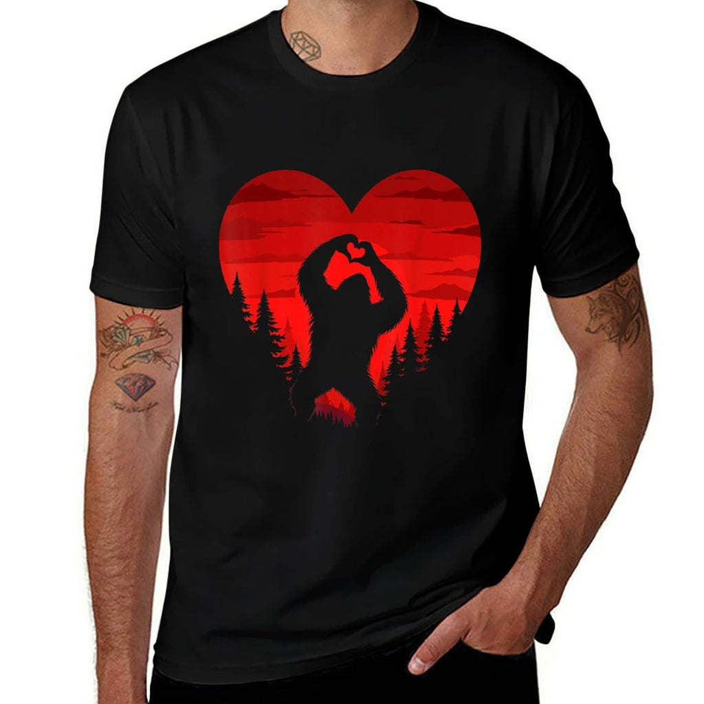 Bigfoot Heart Valentine Day Sasquatch Retro Landscape Forest  Stretchy T-Shirt