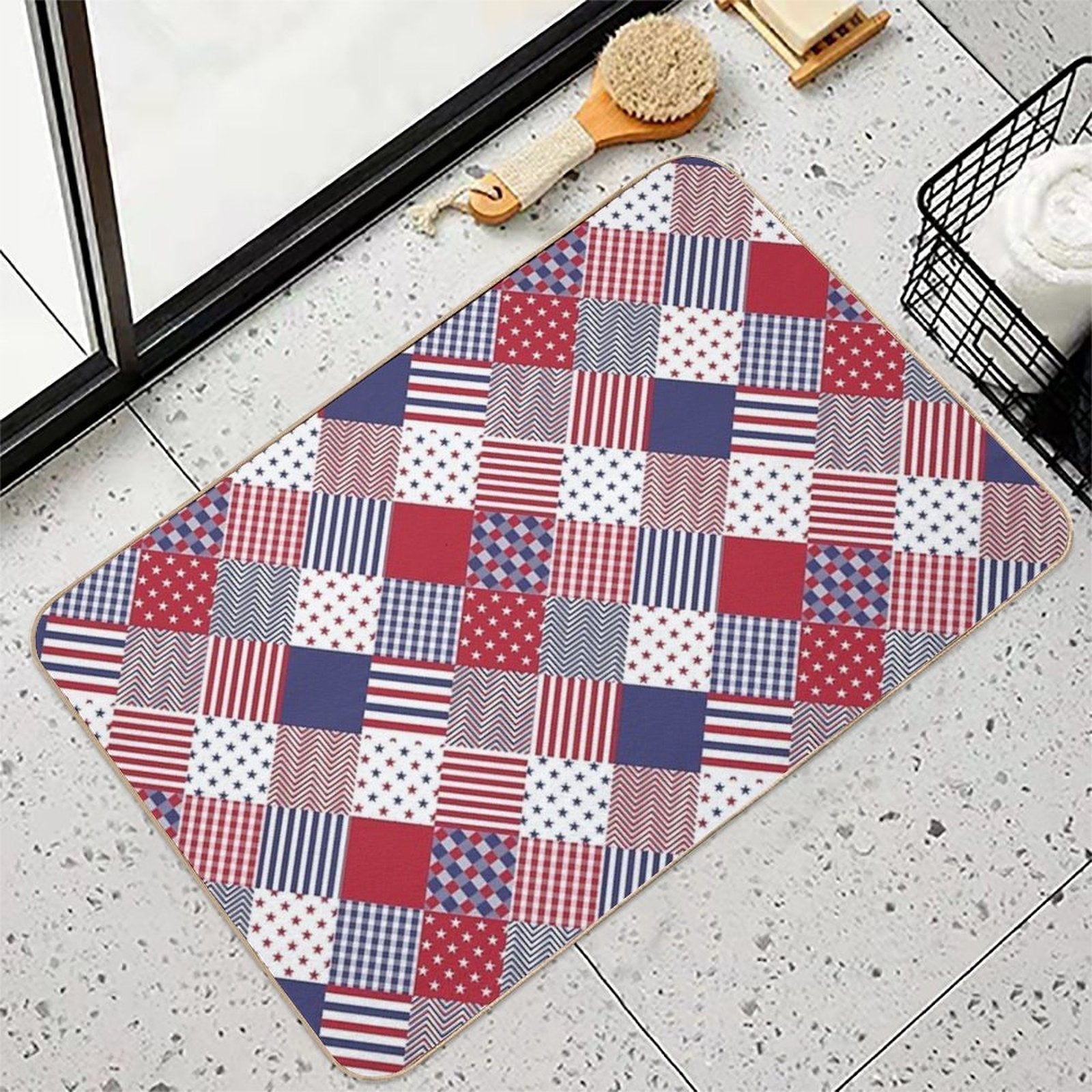 USA Americana Diagonal Red White & Blue Quilt  Stain-Proof Bath Mat