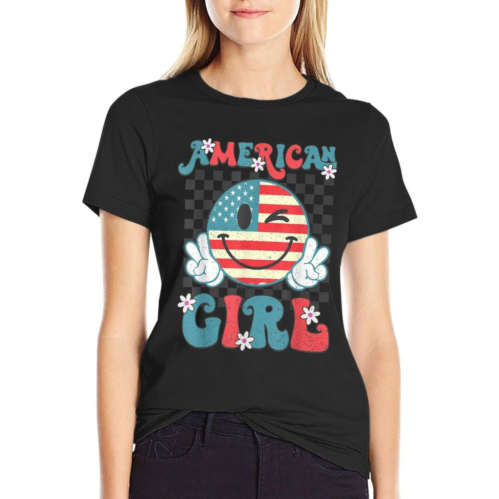 Retro American Girl 4th of July Smile Checkered Womens Girls  Tagless Design T-Shirt