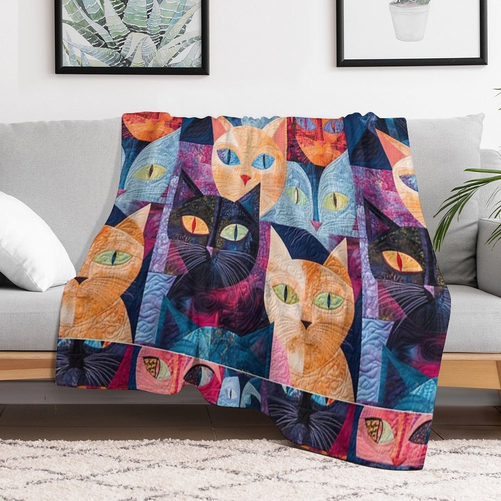 Feline Fiesta Vibrant Quilt Like Design Tee Versatility Throw Blanket