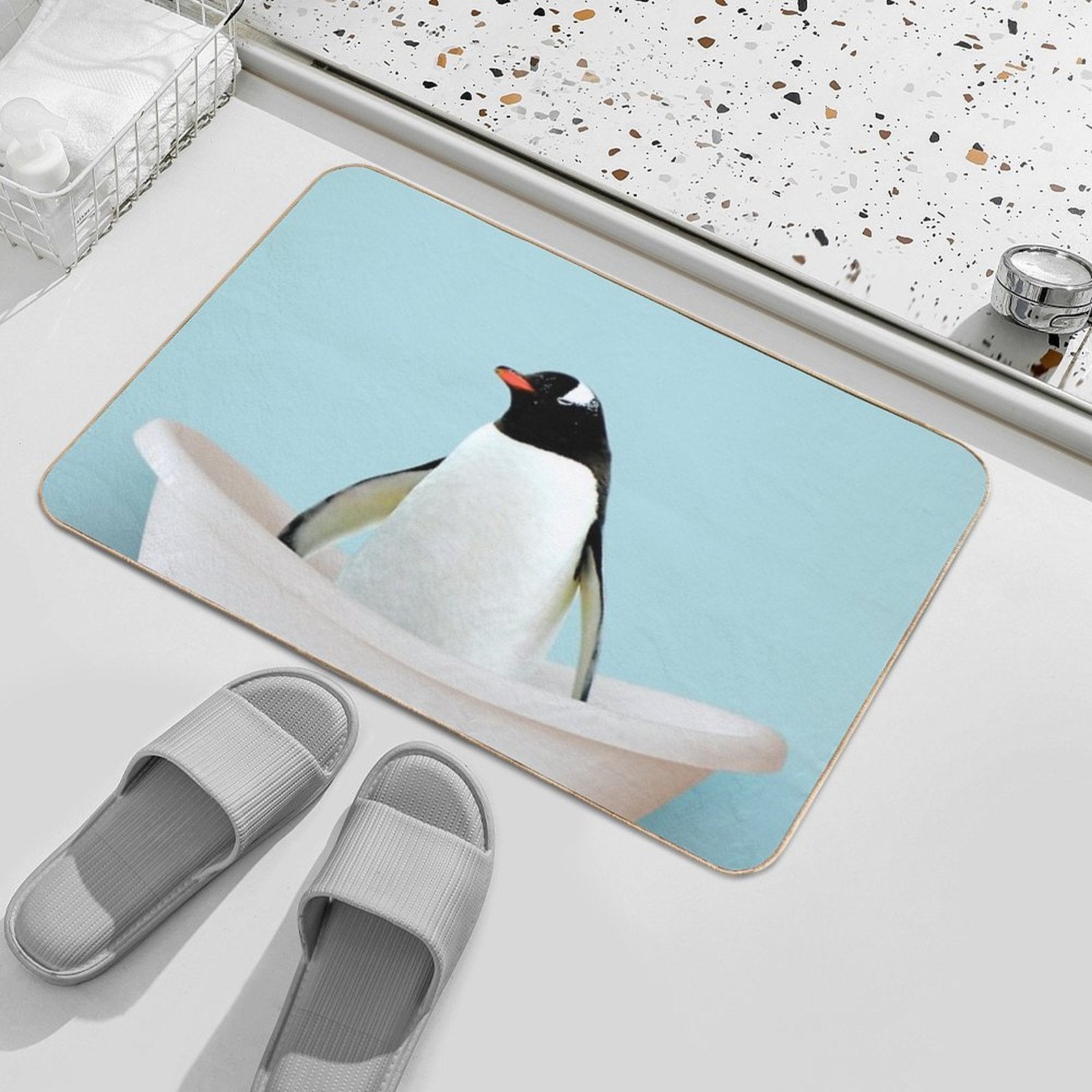 Playing Penguin in Bathtub  Fade-Resistant Bath Mat