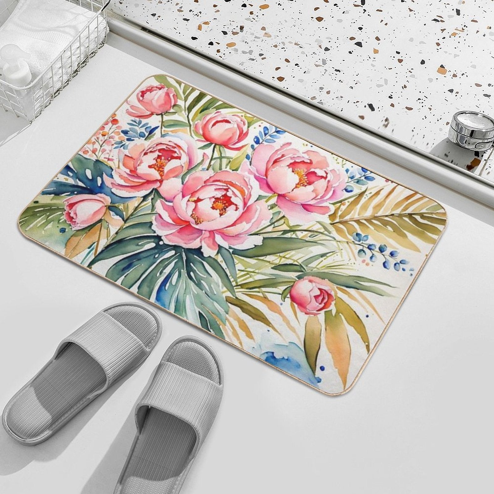 Beautiful Flower And Plant in Loose Watercolor Painting - Monstera Leaves- Blue Purple Peach Hydrangea, Hortensia, Peony And Ros  Versatile Bath Mat
