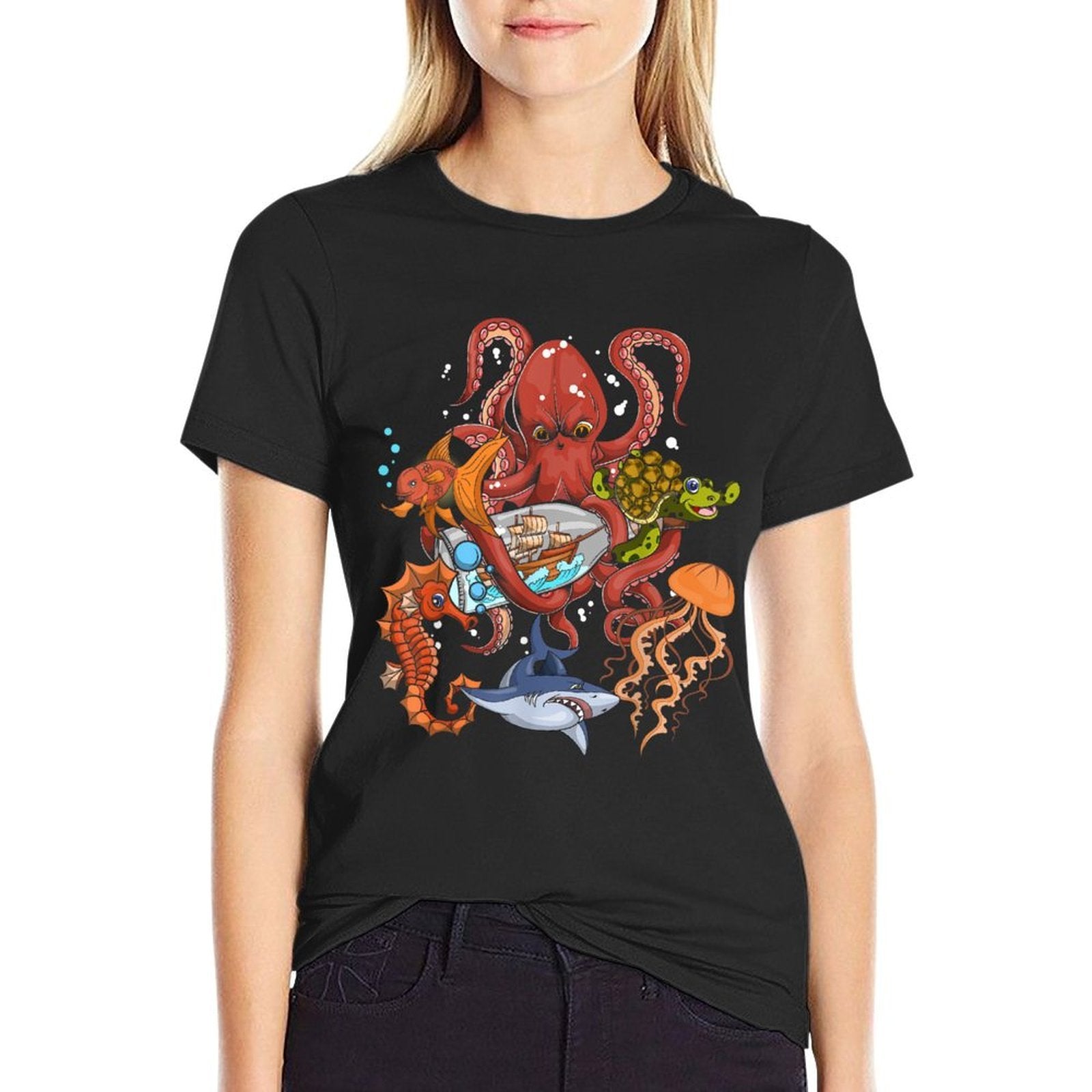 Jellyfish Turtle Seahorse Shark Octopus Kids Ocean Animal  High-quality Stitching T-Shirt