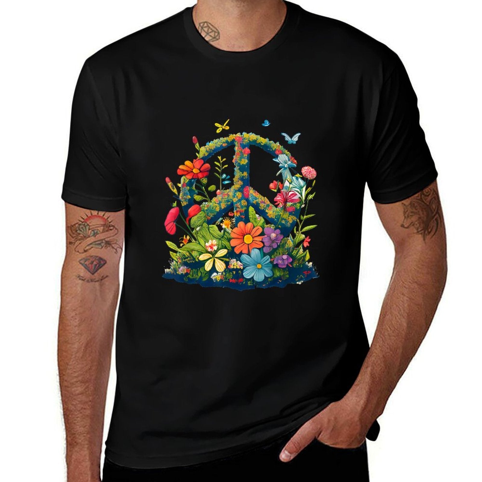 Peace Sign with Flowers And Butterflies, Peace  Easy-care T-Shirt