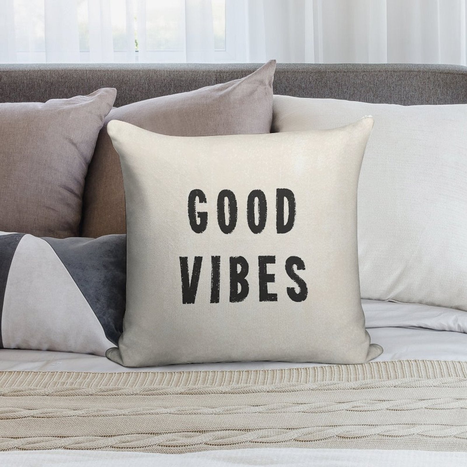 Grungy Distressed Ink Good Vibes  Black on Off-White Soft Anti-Pilling Throw Pillow