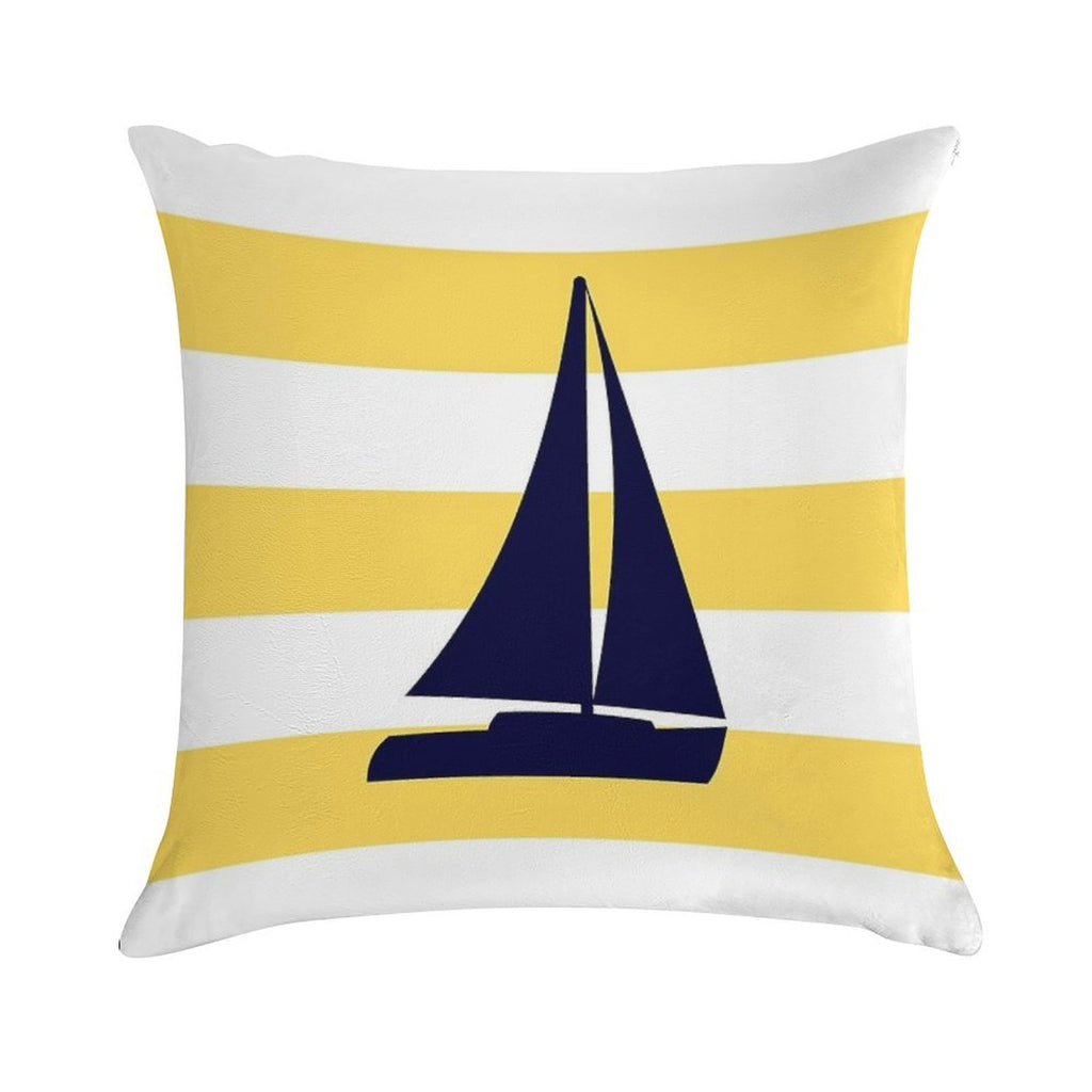 Nautical Navy Blue Sailboat On Mustard Yellow Stripes Soft Bedroom Essential Throw Pillow