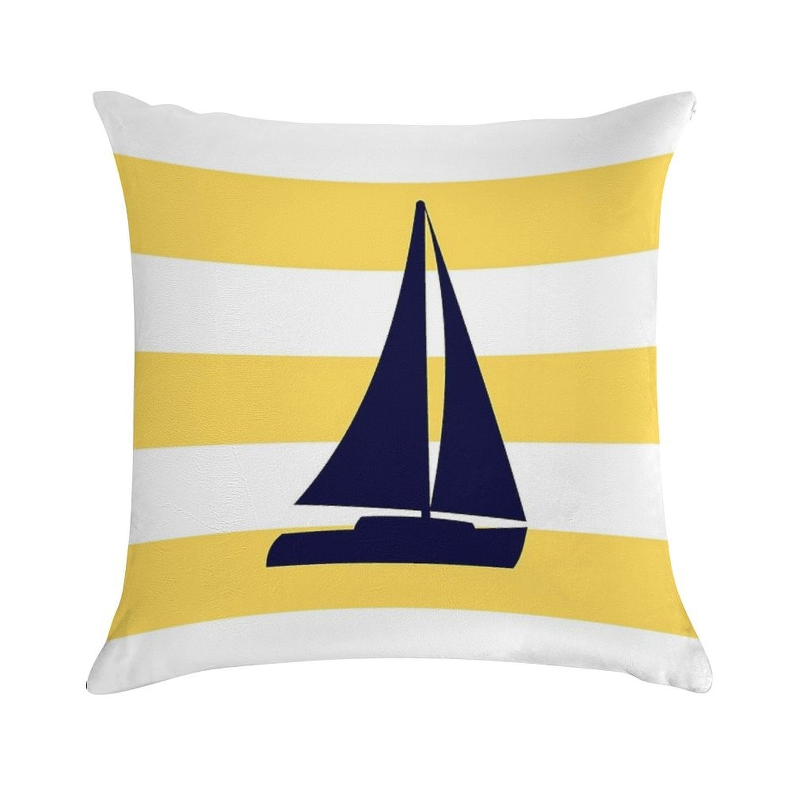 Nautical Navy Blue Sailboat On Mustard Yellow Stripes Soft Bedroom Essential Throw Pillow