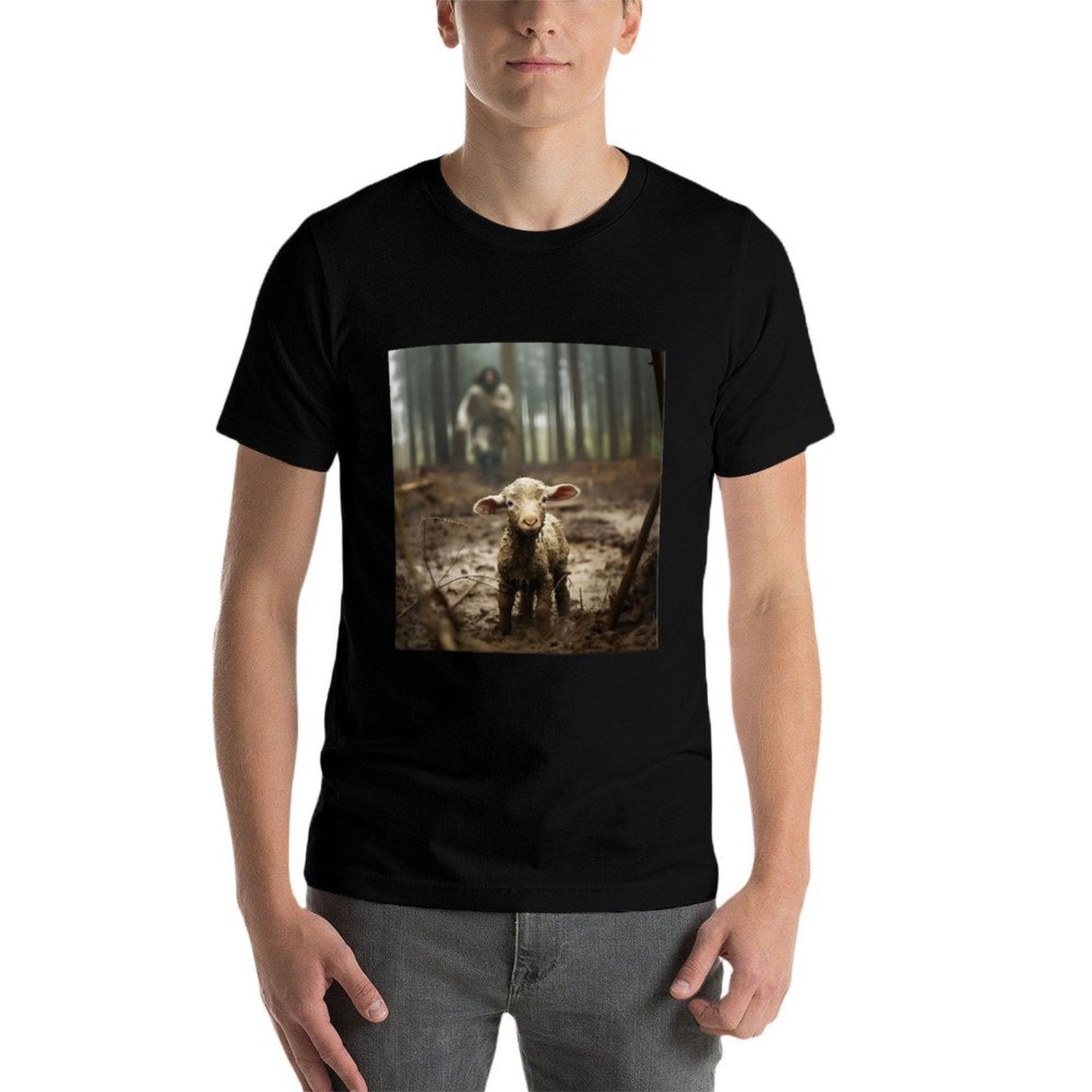 Jesus With The Sheep - Jesus Running After Lamb Art Religion  Cotton T-Shirt