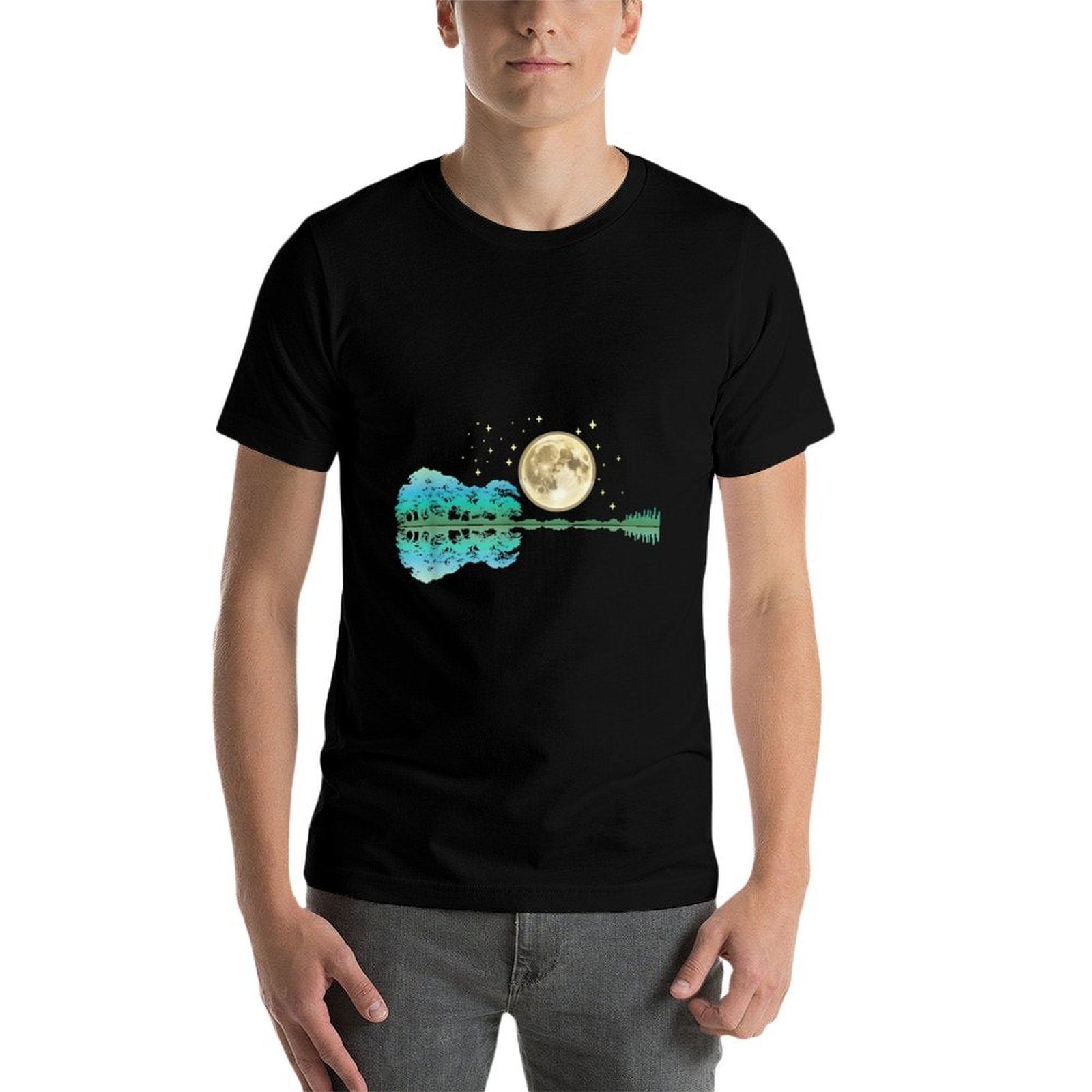 Acoustic Guitar Tree And Moon By The Lake Guitarist  Wrinkle-resistant T-Shirt