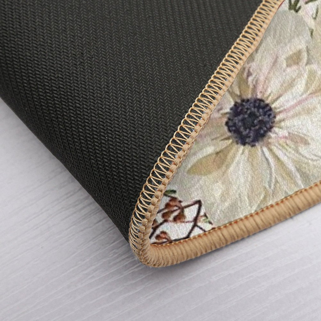 Detailed Hand Drawn Flowers - Blooming Magnolia, Roses, Eucalyptus And Herbs.  Stain-Proof Bath Mat