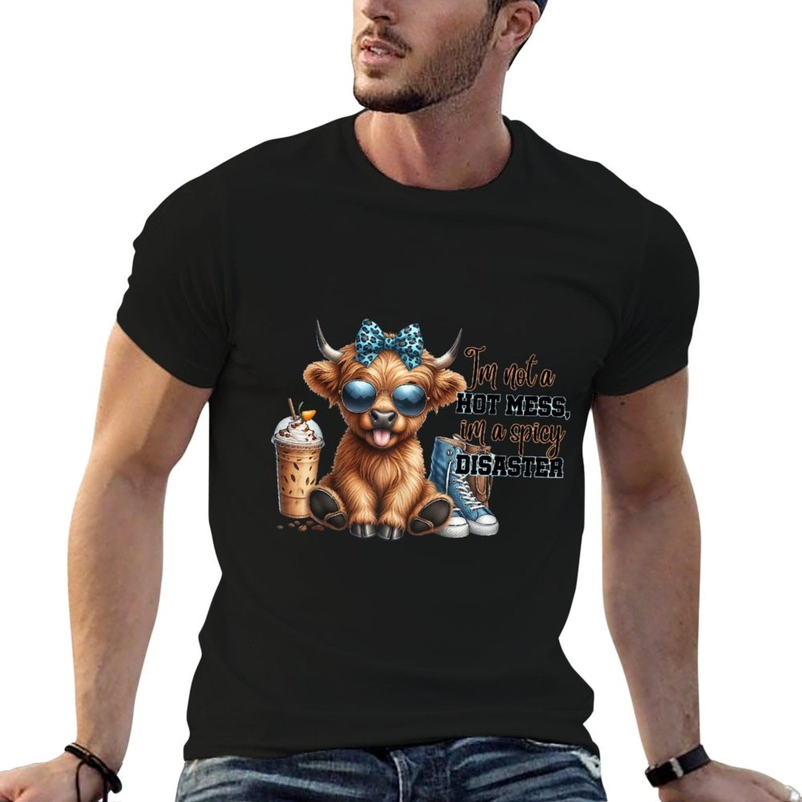 Womens Cute Highland Cow Im Not A Mess Funny Positive Cow  Heathered Texture T-Shirt