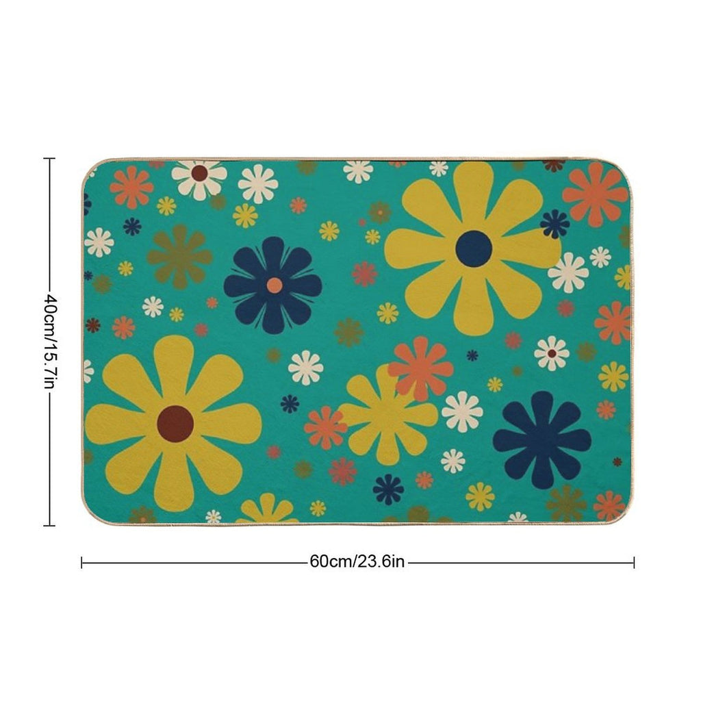 Flowerama - Retro 60s Floral Pattern in Mid Mod Mustard, Olive, Orange, Beige, And Turquoise Teal  Multi-Purpose Bath Mat