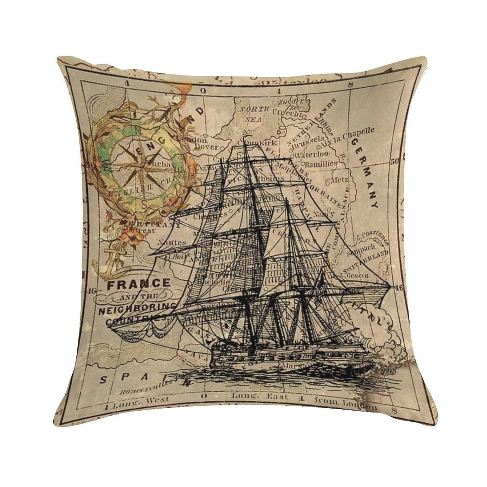 Dark Academia Vintage Pirate Ship Sailor Antique World Map Soft Reinforced Edging Throw Pillow