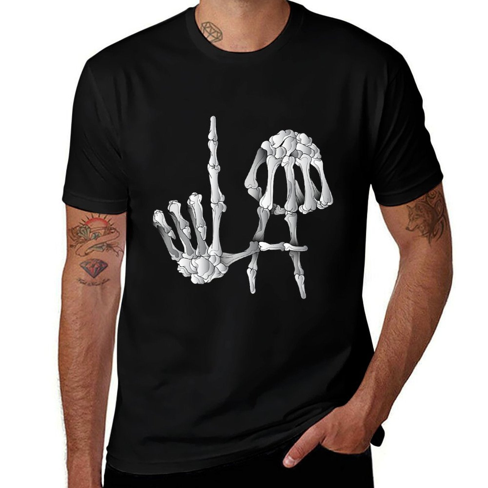 Skeleton Bones Hands LA, Los Angeles USA, Skeleton Fingers  Wrinkle-resistant T-Shirt