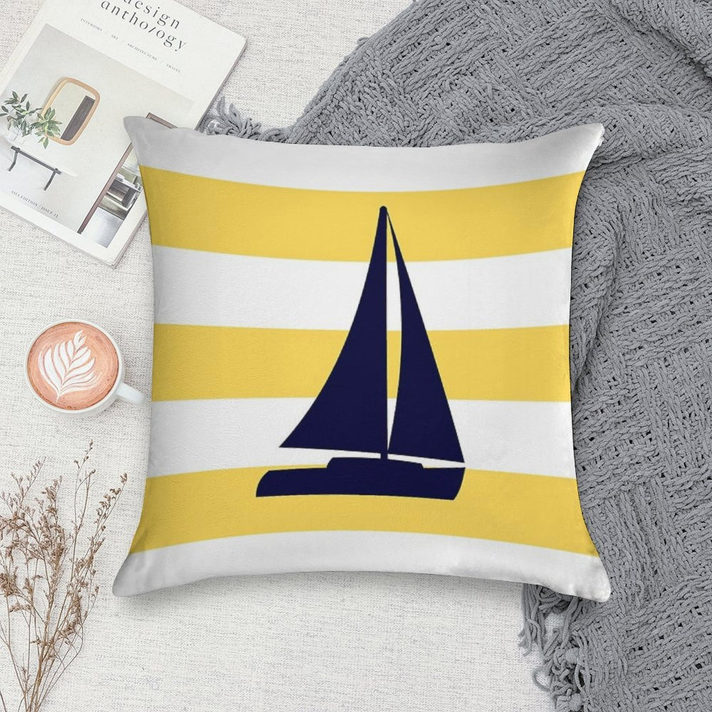 Nautical Navy Blue Sailboat On Mustard Yellow Stripes Soft Bedroom Essential Throw Pillow