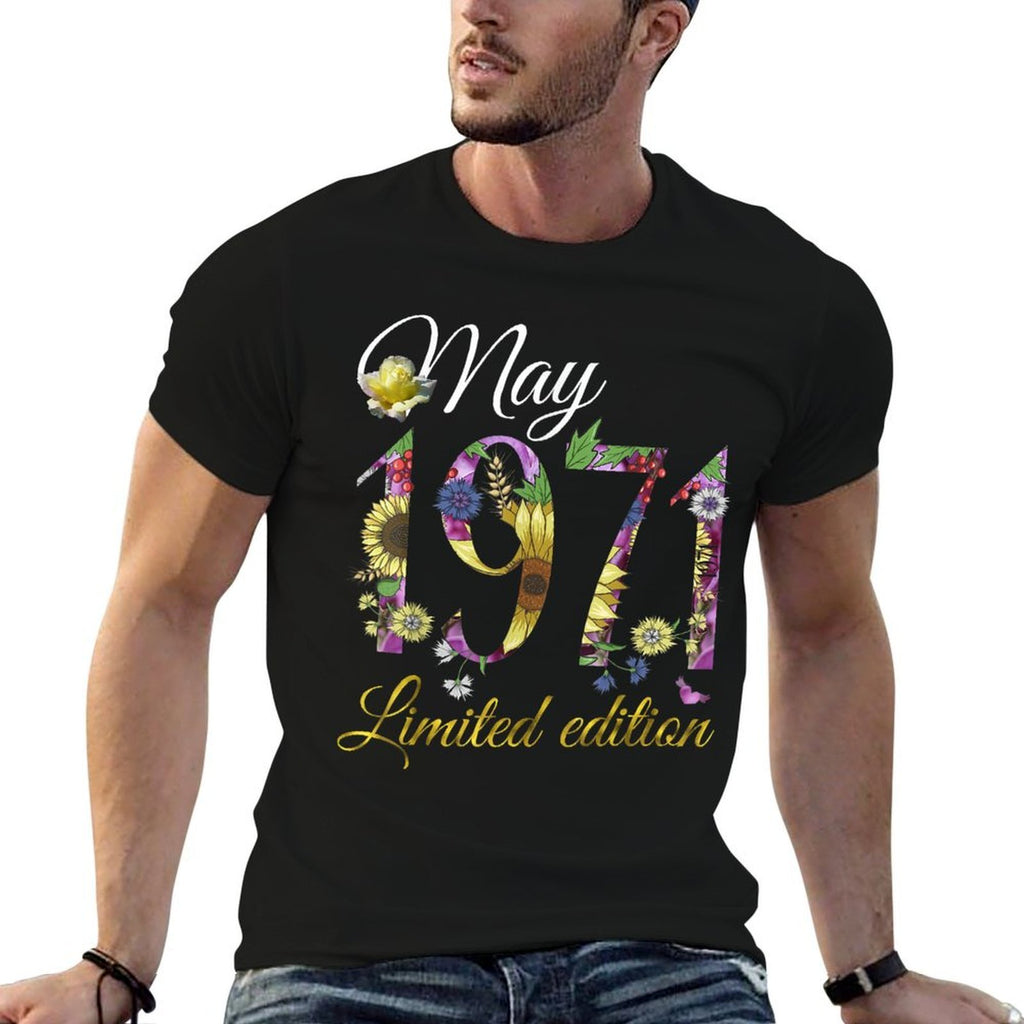 May 1971 50 Year Old Sunflower Floral 50th Birthday Gift  Ribbed Collar T-Shirt