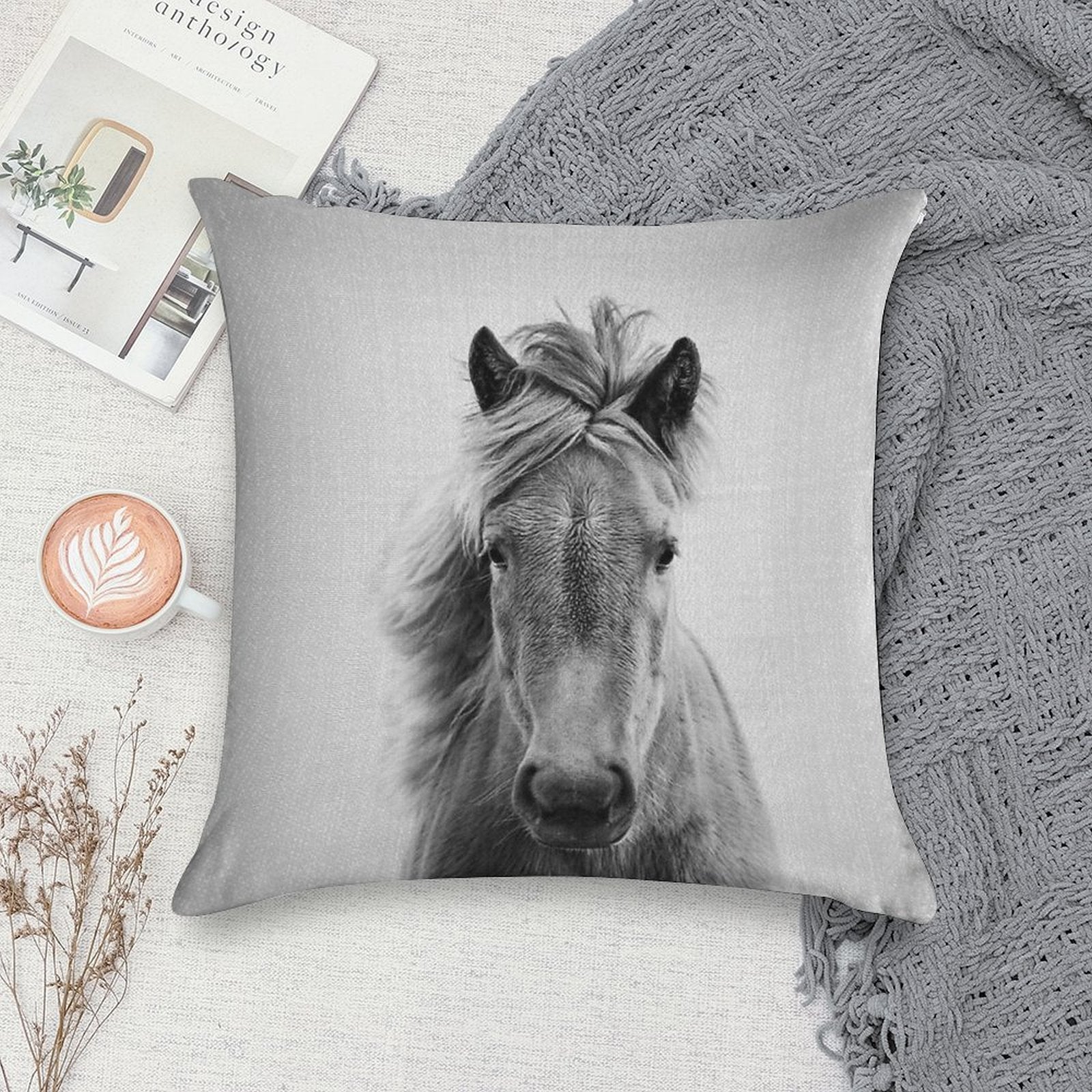 Horse - Black & White Soft Multiple Sizes Throw Pillow