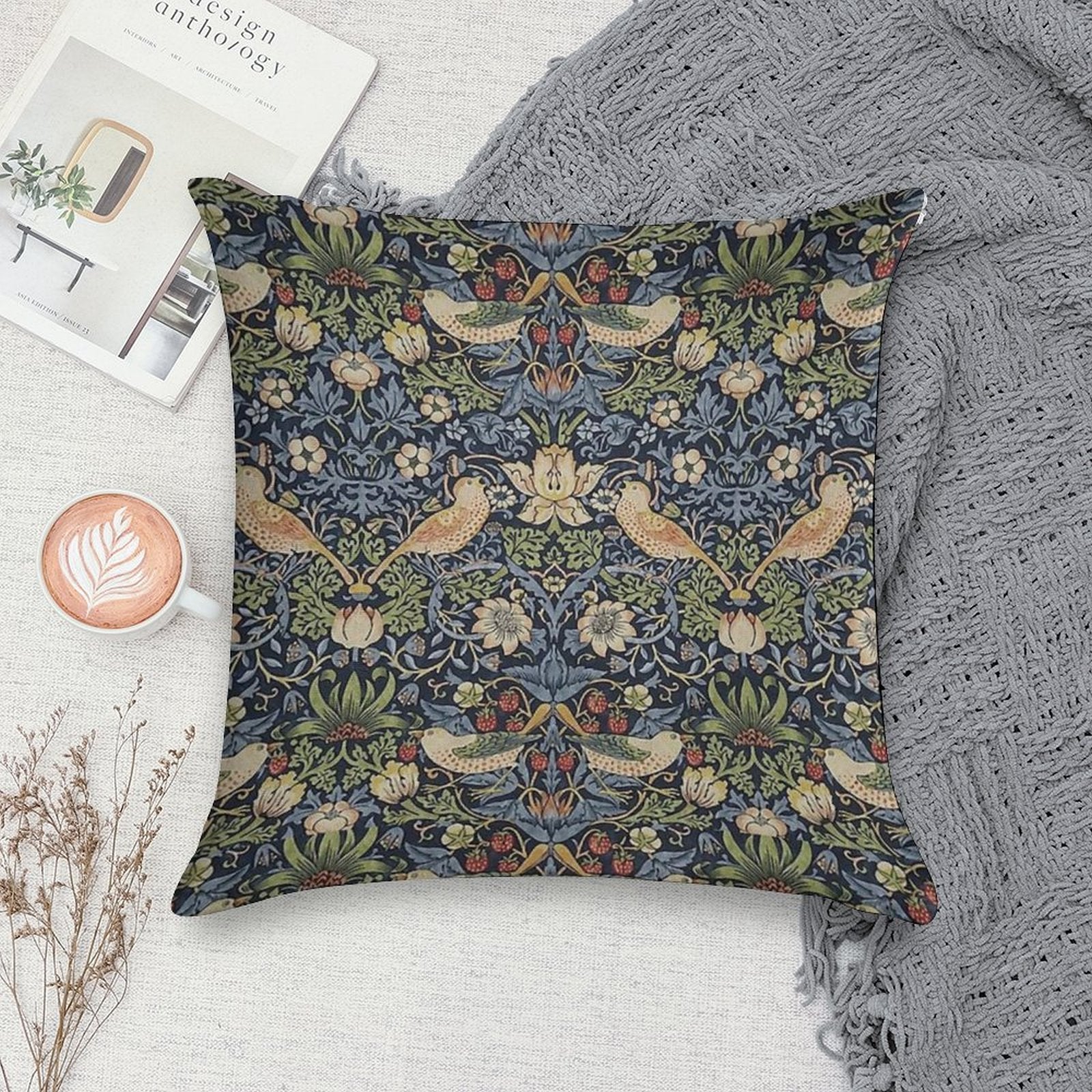 William Morris Strawberry Thief Pattern Soft Warmth Comfort Throw Pillow