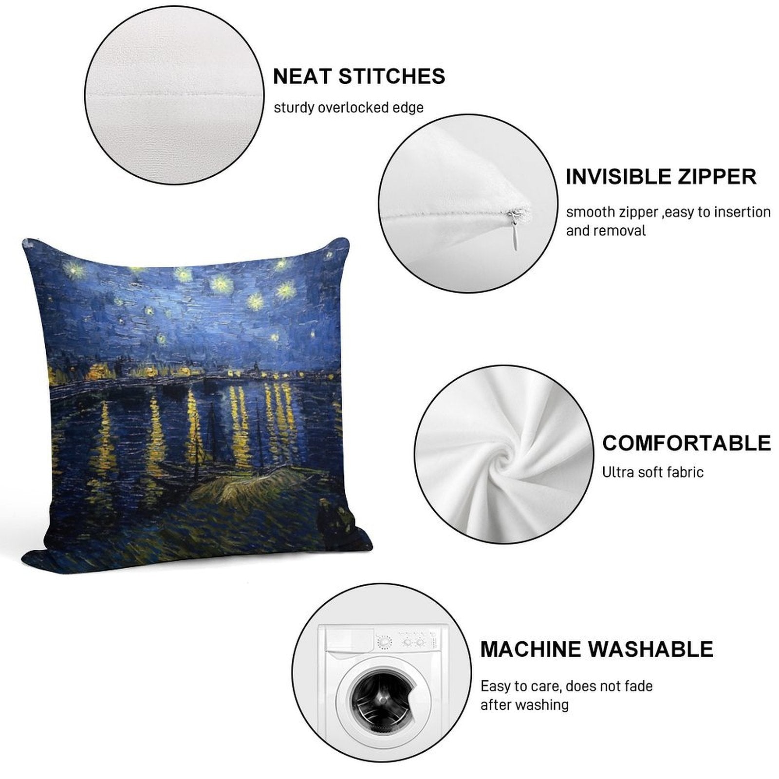 Starry Night Over The Rhone - Van Gogh Soft Easy Maintenance Throw Pillow