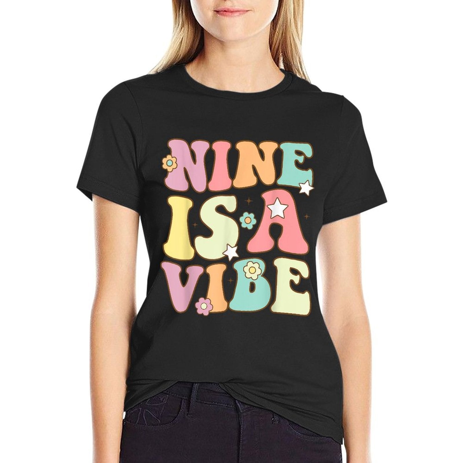 Nine Is A Vibe 9th Birthday Groovy Boys Girls 9 Years Old  High-quality Stitching T-Shirt