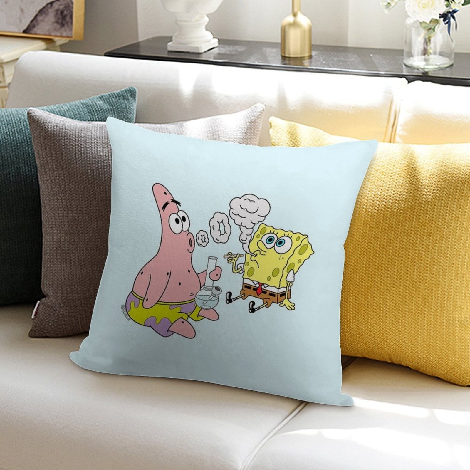 Spongebob And Patrick Smoking Weed Cannabis Cartoon Art Soft Hidden Zipper Throw Pillow