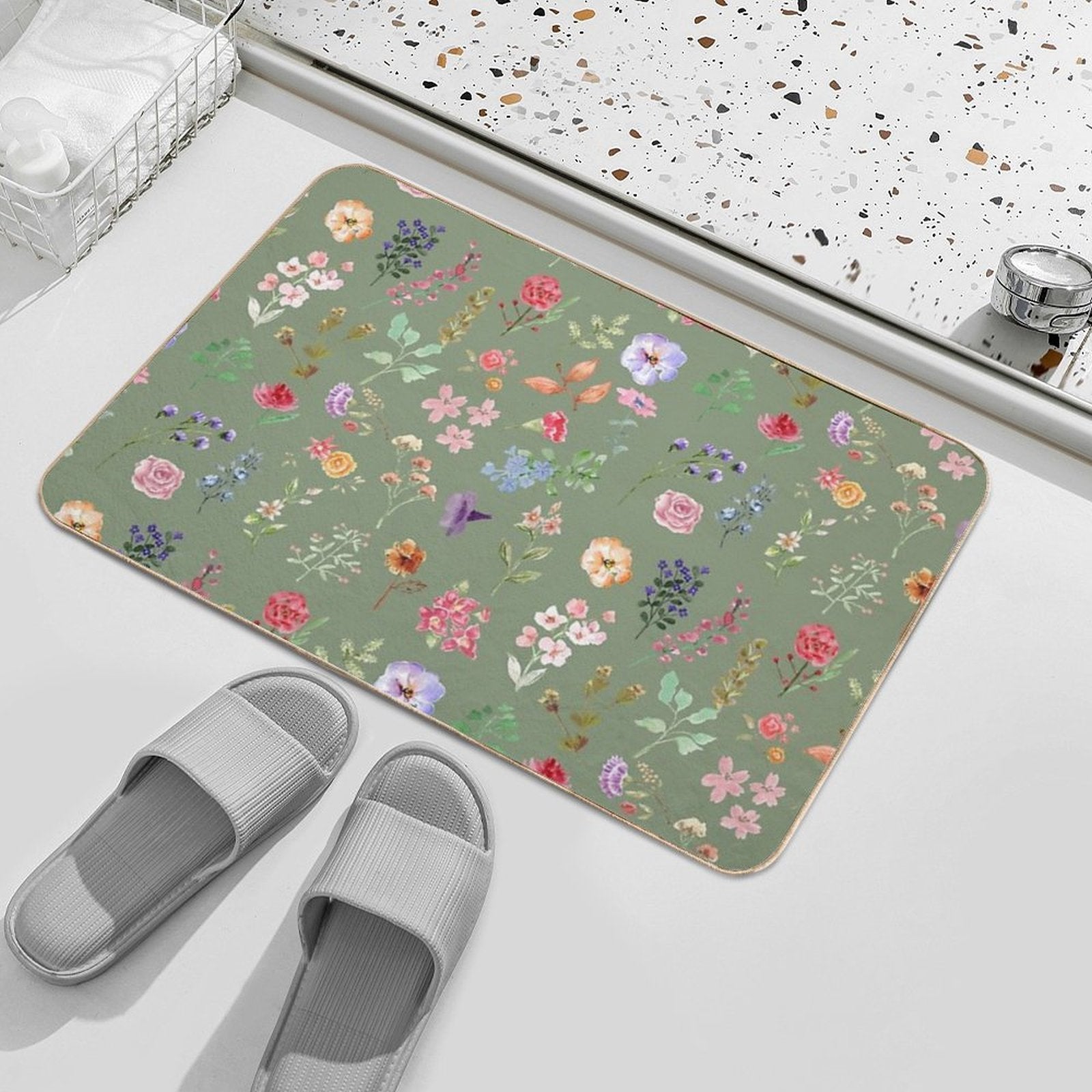 Watercolour Floral Pattern in Sage Green  Eco-Friendly Bath Mat