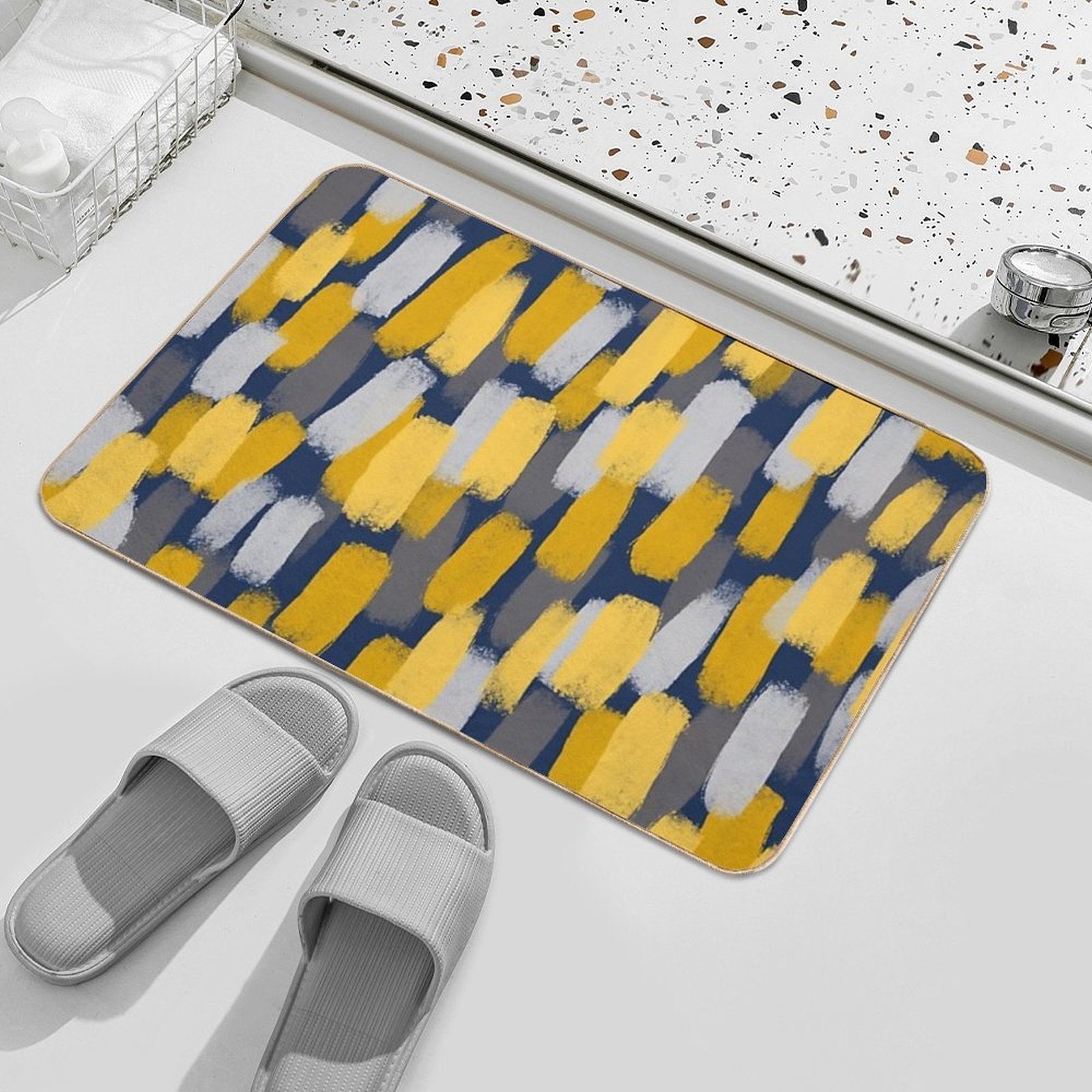 Abstract Grey And Mustard Yellow Paint Brush Effect on Navy Blue  Odorless Bath Mat