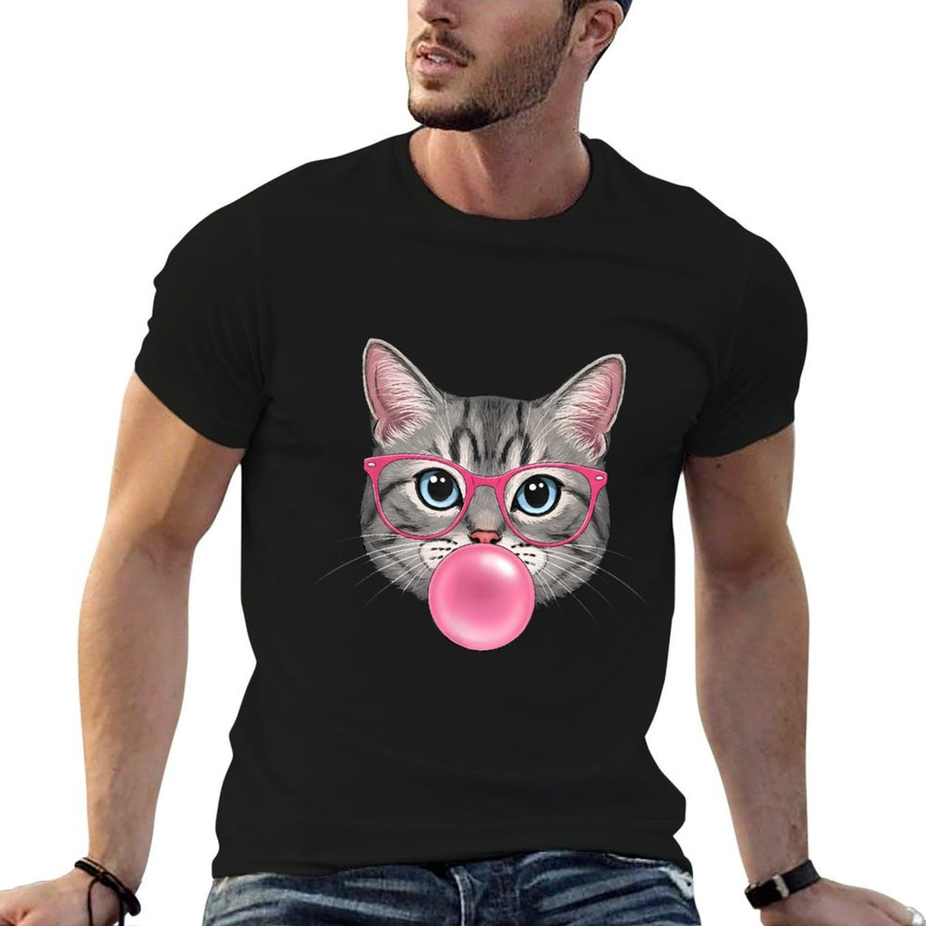 Cat with Glasses And Bubblegum  Cotton T-Shirt