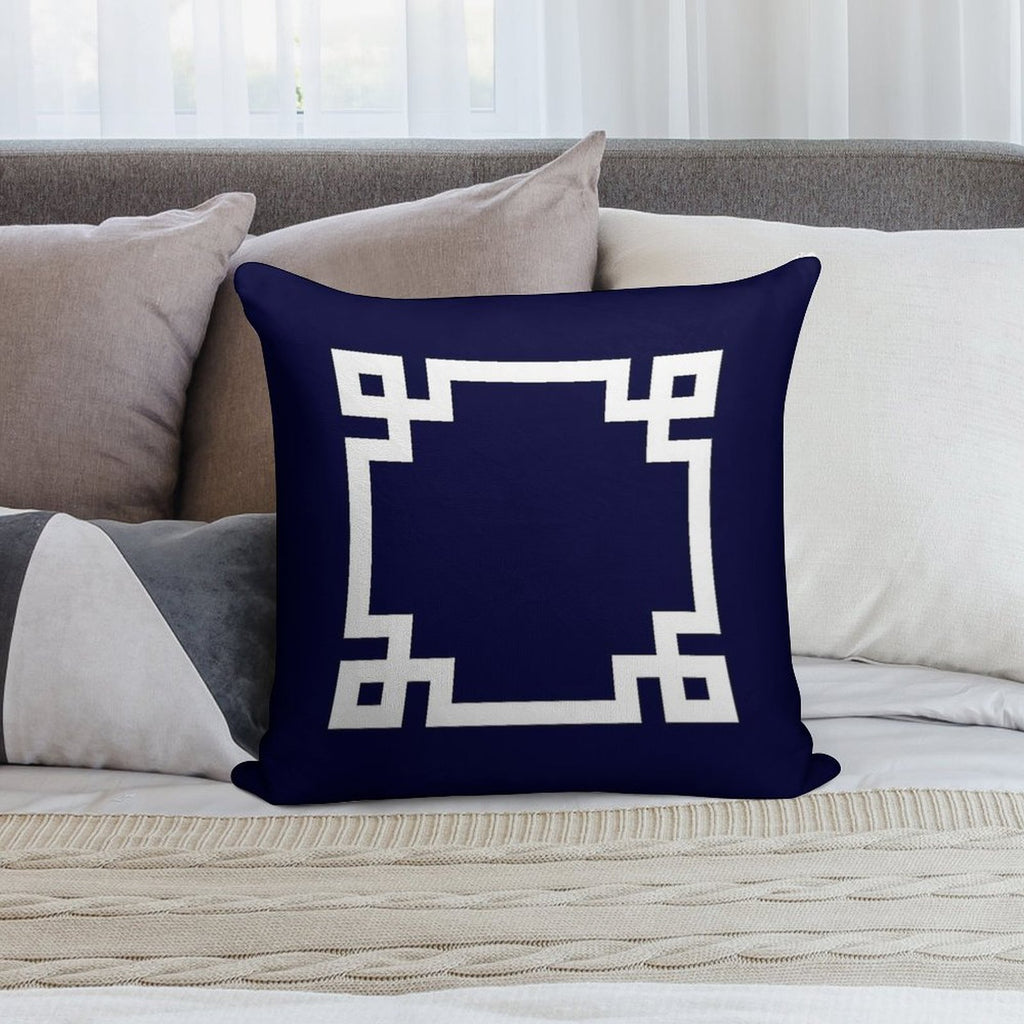 Greek Key Square White On Navy Blue Soft Short Plush Fabric Throw Pillow