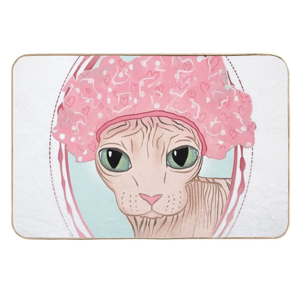 Hairless Sphynx Cat Wearing A Pink Shower Cap  Versatile Bath Mat