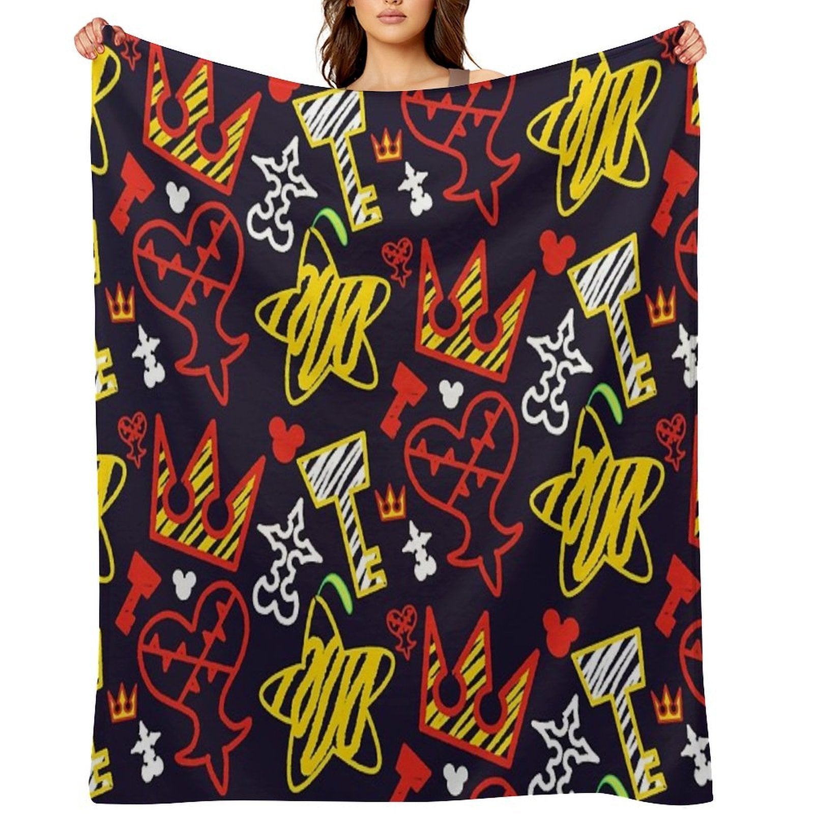 Kingdom Hearts Crayon Style Pattern - Bright Travel-friendly Throw Blanket